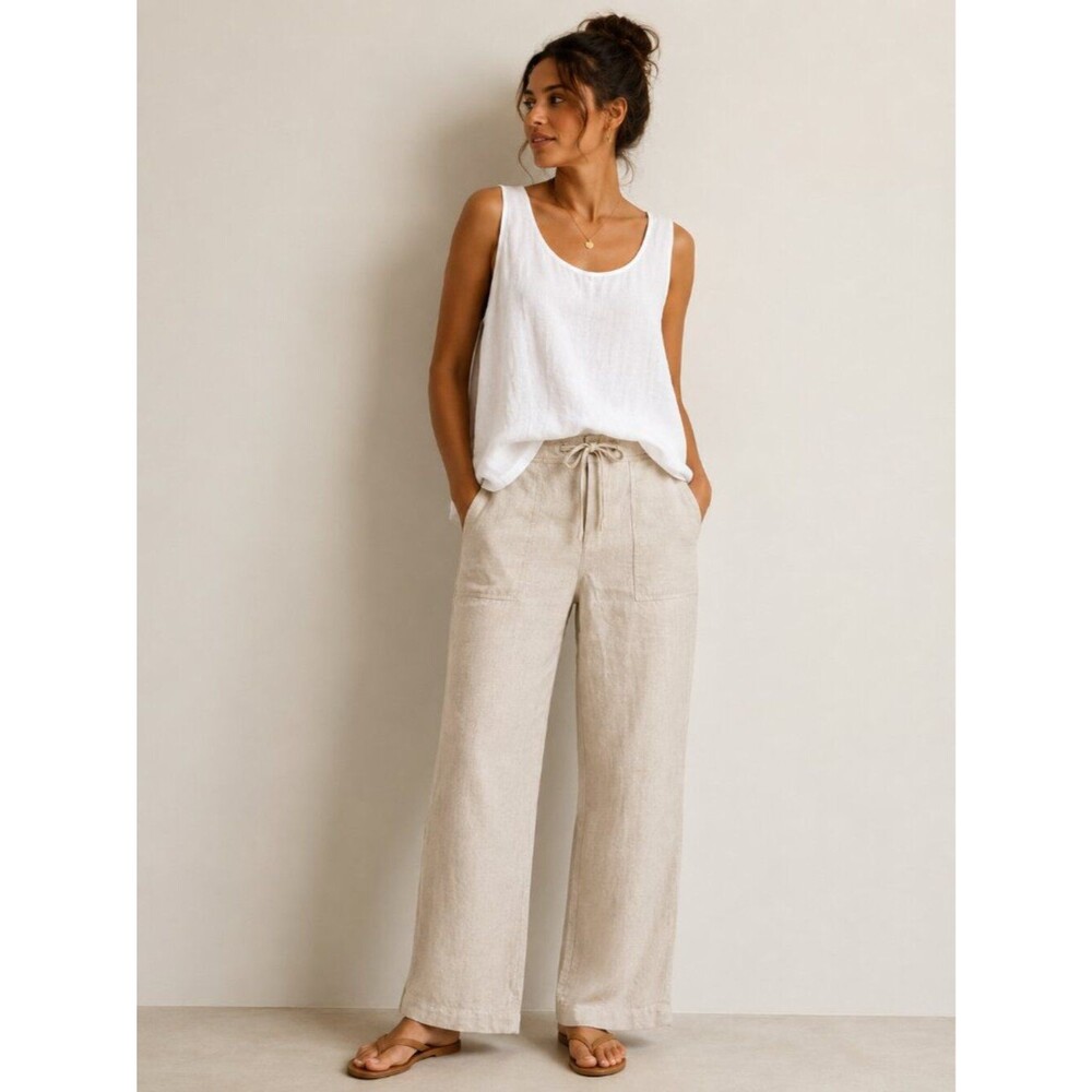 Banana Republic Martin Fit Linen Pants Size 12 Wide Leg Drawstring Coastal Quiet